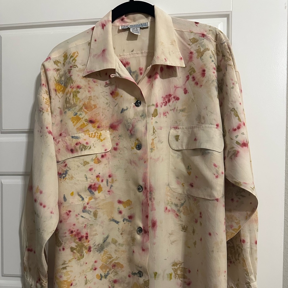 Women's 100% Silk Cream Hand-Dyed Button-Front Shirt